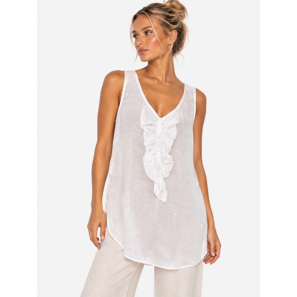 Cut Loose White Linen Blend Ruffle Front Sleeveless USA Made V-Neck Tunic Top M